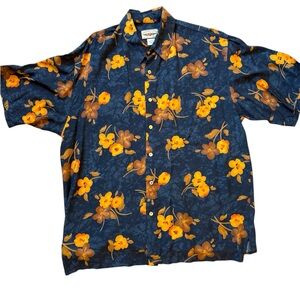 Hawaiian Floral Blue and Orange Men's Button Up Shirt Size XL by Straight Down